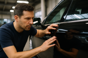 Pessoa avaliando o acabamento da lataria de um carro preto em oficina, com foco no brilho e alinhamento das peças.