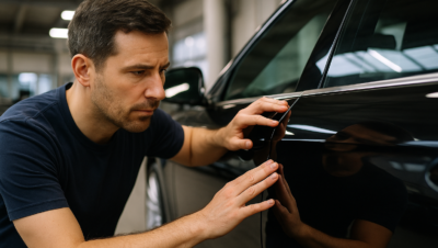 Pessoa avaliando o acabamento da lataria de um carro preto em oficina, com foco no brilho e alinhamento das peças.